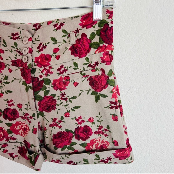 Brown & Pink Floral Tuxedo Button High Waisted Cuffed Shorts - Picture 5 of 8
